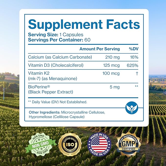 Pure Micronutrients Vitamin D3 K2 Supplement | MK7 100mcg D3 5000 iu Calcium + BioPerine | Muscle &amp Bone Health Heart Immunity &amp Energy Support | Vegan | 60 Capsules