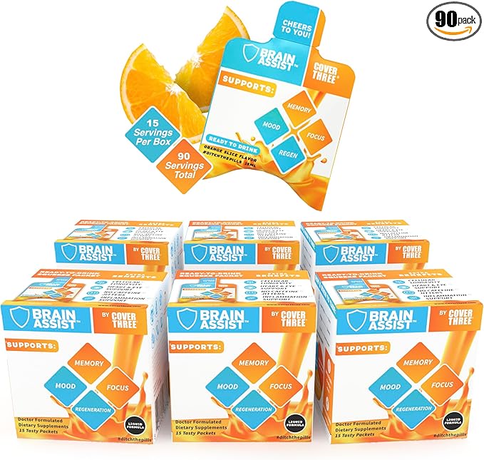 Cover Three Brain Assist Brain Supplement Nutritional Focus Supplement with Curcumin Uridine Orange Slice Liquid Brain Support Formula High Performance Memory Supplements (6 Boxes)