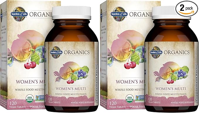 Garden of Life Organics Multivitamin for WomenWomens Multi with Vitamin CDFolateB6B12BiotinIronVegan Whole Food Vitamins for WomenEnergySkinNails120 Tablets(Pack of 2)