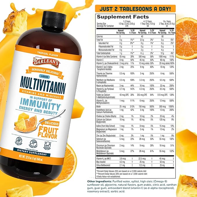 Barlean's Liquid Multivitamin for Women Men &amp Kids 21 Essential Vitamins &amp Minerals Includes Biotin B-Complex Vitamins C D3 &amp K2 Smoothie-Like Daily Supplement Tropical Flavor 32