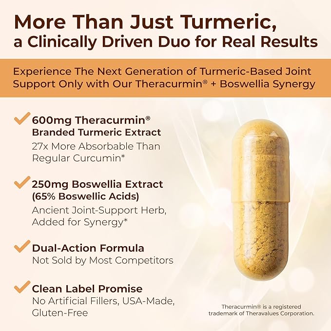 Advanced Turmeric Curcumin Supplement for Joint Support &amp Inflammation – Enhanced Absorption Theracurmin 600mg with Boswellia Serrata for Mobility &amp Recovery – Vegan Gluten Free – 60 Capsules