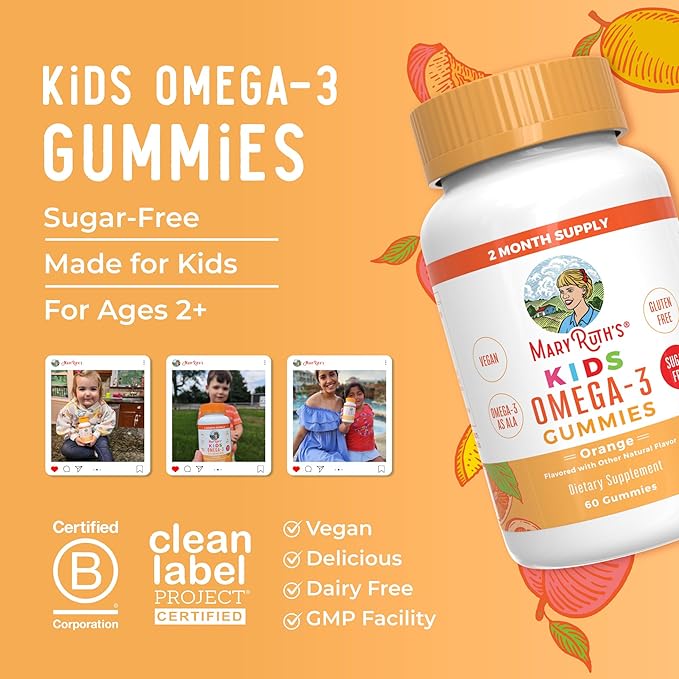 MaryRuth Organics Vegan Omega 3 Gummies for Kids 2+ 2 Month Supply Sugar Free Omega 3 Supplement with Vitamin C Flaxseed Oil Immune Support Essential Nutrient ALA No Fish Taste 60 Count