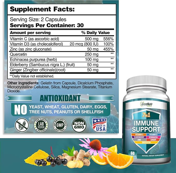 Magnesium Supplement with Glycinate Citrate Malate &amp Oxide Plus Immune Support with Vitamin C D3 Zinc 50mg Quercetin Echinacea Purpurea Sambucus Elderberry and Ginger