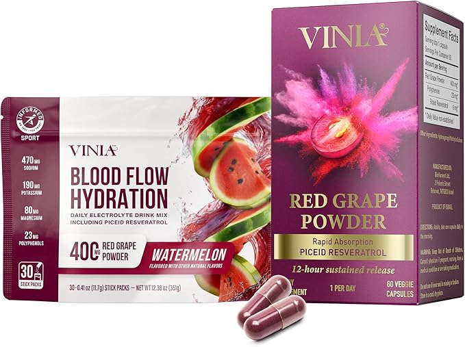VINIA Piceid Resveratrol Capsules &amp Electrolyte Hydration Watermelon | Boost Blood Flow &amp Circulation | Red Grape Polyphenols &amp Electrolytes | Non-GMO 60 Caps + 30 Sticks