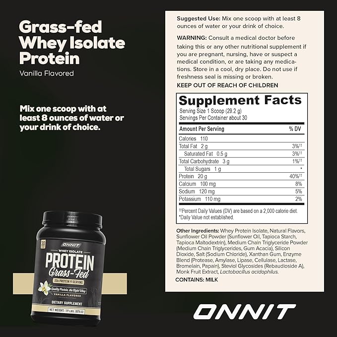 ONNIT Grass Fed Whey Isolate Protein Powder Vanilla Flavor Whey Protein Powder Dietary Supplement to Support Muscle Gain and Workout Recovery 30 Servings per Tub 30.7 oz