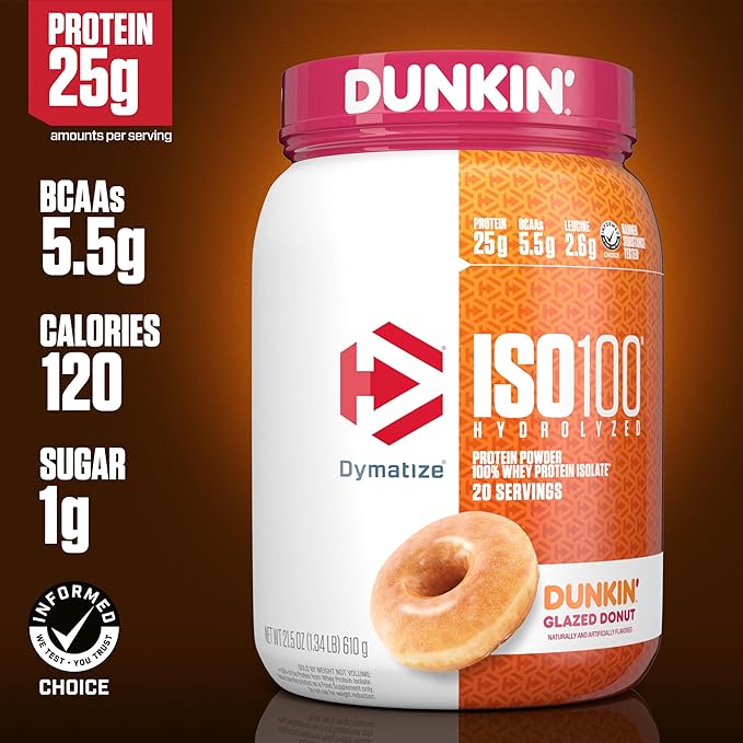 Dymatize ISO100 Hydrolyzed Protein Powder 100% Whey Isolate Protein 25g of Protein &amp ISO100 Hydrolyzed Protein Powder 100% Whey Isolate Dunkin' Glazed Donut Flavor