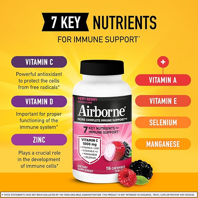 Airborne Vitamin C 1000mg (per Serving) - Very Berry Chewable Tablets (116 Count in a Bottle) Gluten-Free Immune Support Supplement with Vitamins A C E Zinc Selenium Ginger Antioxidants