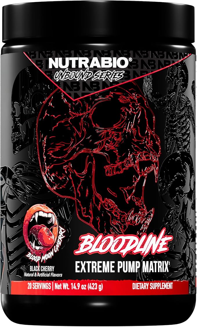 NutraBio Bloodline-Pump Pre Workout Pump Matrix-L-CitrullineGlycerolPeptiPump-NO BoosterExtreme Vascularity &amp Blood FlowHydrationNon Stim PreWorkoutCaffeine Free-Blood Moon Cherry-20 Serving