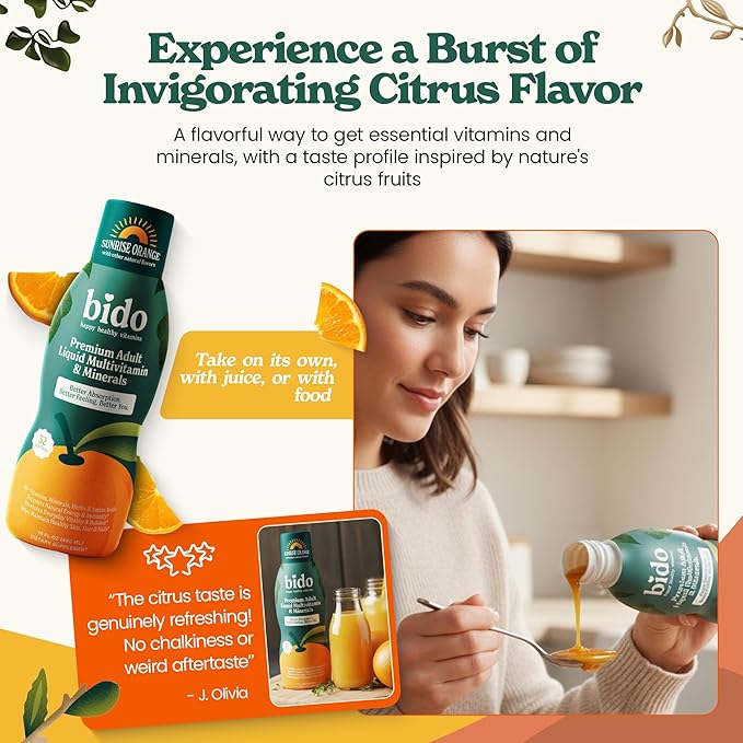 Bido Adult Liquid Multivitamin &amp Minerals for Women and Men | 60+ Nutrients for Energy Immunity Mood | Orange Flavor 32 Servings
