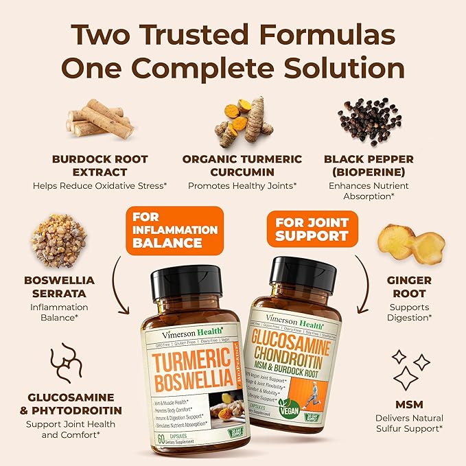 Joint Support Bundle – 2-Pack Organic Turmeric Supplement with 95% Curcuminoids + 65% Boswellia Extract Ginger Root &amp Black Pepper (BioPerine) + Vegan Glucosamine Chondroitin MSM – 60 + 90 Capsul