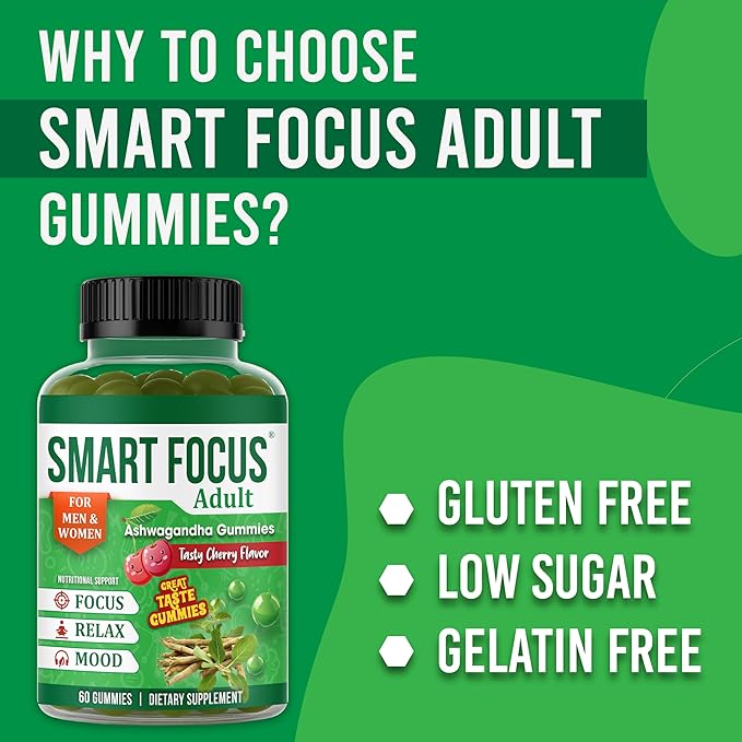 Ashwagandha Gummies for Focus Support - Organic Ashwagandha Supplement for Men &amp Women Brain &amp Memory Support Adaptogenic Calm Gummies with Ashwagandha Root - 60 Gummies