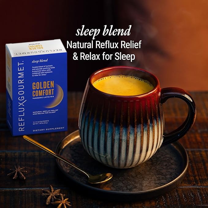 REFLUX GOURMET Golden Comfort Sleep Blend–Nighttime Reflux Relief &amp Sleep Aid–Turmeric Latte with Melatonin Gamma-Amino Butyric Acid (GABA) &amp L-Theanine–Enhanced Absorption 95% Curcuminoids–