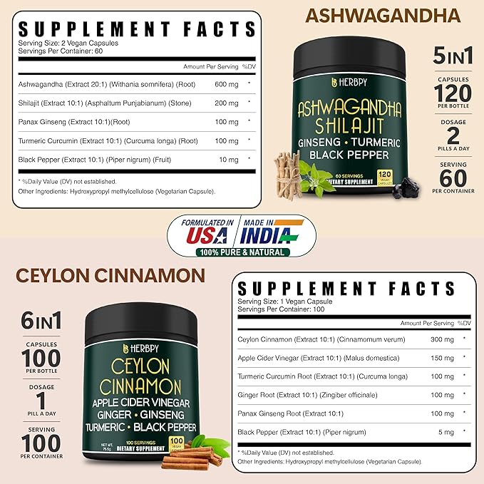 Bundle 5in1 Ashwagandha Shilajit &amp 6in1 Premium Ceylon Cinnamon Supplements