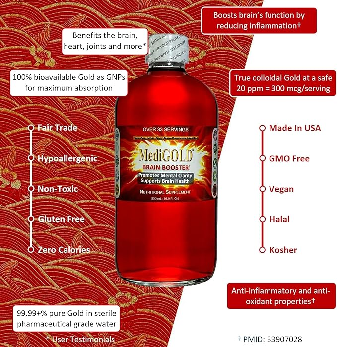 MediGOLD® Brain Booster True Colloidal Gold AuNP Nutritional Supplement - 500 mL in Clear Glass Bottle