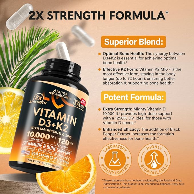 Vitamin D3 K2 - Vitamin D3 10000 iu &amp K2 as MK-7 120 mcg - Immune &amp Mood Support for Bone &amp Teeth Health - with Magnesium Zinc &amp Vitamin C &amp B12 - Highly Bioavailable - Made in U
