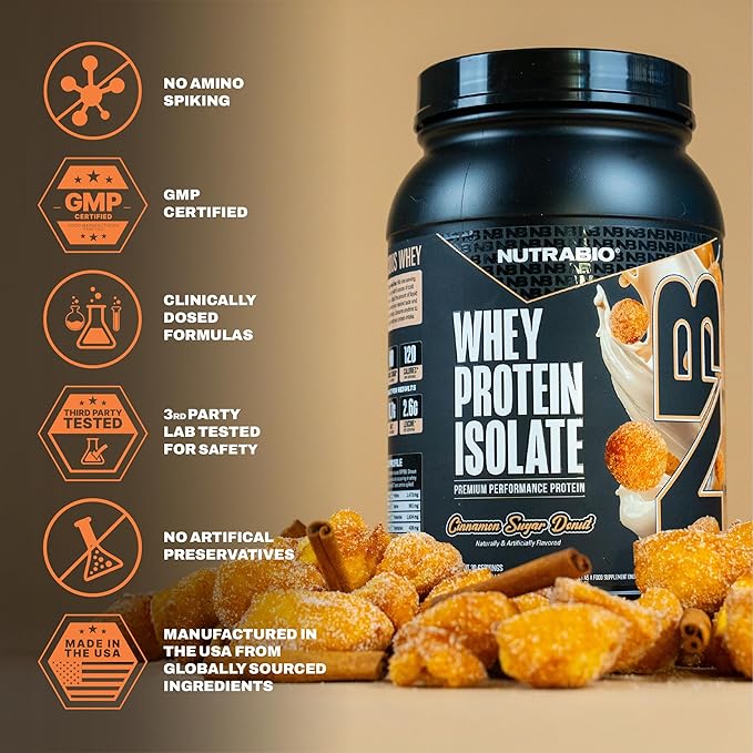 NutraBio 100% Whey Protein Isolate Protein Powder 25g Protein with Complete Amino Acid Profile Non-GMO Soy &amp Gluten Free Low Carb Low Calorie Whey Protein Powder Cinnamon Sugar Donut 2 Lbs