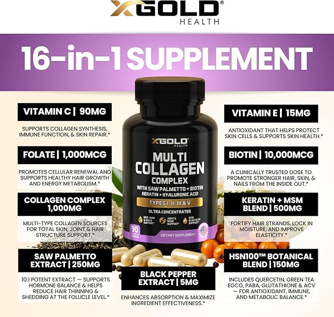 X Gold Health Collagen Complex Types I II III V Biotin 10000 mcg Keratin Hyaluronic Acid Saw Palmetto Vitamins C &amp E Advanced HSN Formula for Men &amp Women 90 Vegan Capsules