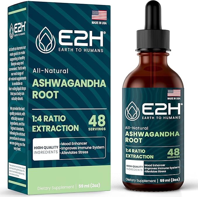 E2H Ashwagandha Liquid Drops - All-Natural Ashwagandha Supplement for Stress Relief and Mood Enhancer- Organic Ashwagandha Root Extract Effective Cortisol Manager | Non-GMO Vegan | 2 Fl Oz