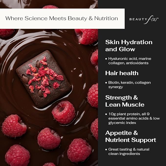 Beauty f(x) Protein Beauty Bites - Collagen Bars – Cacao Raspberry Collagen Protein Bars for Women – 10g Protein 120 Calories No Added Sugar – Supports Skin Hair and Nails