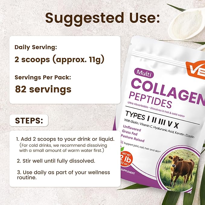 VEV Multi Collagen Peptides Powder with Types I II III V X 32 oz (82 Servings) - Skin Joint &amp Hair Support - Hydrolyzed Collagen Powder for Women Biotin Vitamin C Unflavored Dissolves Ea