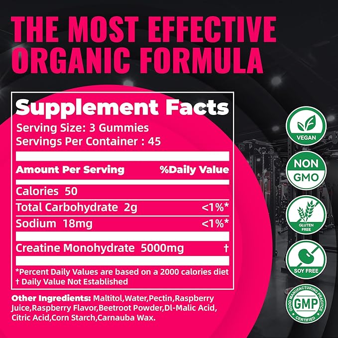 Natures Aid NSF Certified Creatine Gummy 5g - Creatine Monohydrate Gummies – Pre-Workout Energy &amp Muscle Growth Support for Men &amp Women | Raspberry Electrolyte Gummies (135 Count)