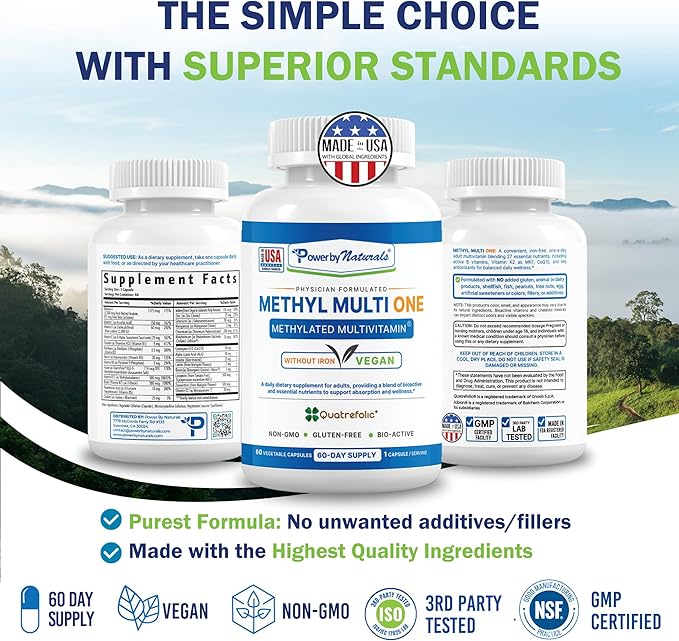Power By Naturals Methyl Multi One – Iron-Free Methylated Multivitamin for Men &amp Women with B12 Methylcobalamin P5P Folate (5-MTHF) CoQ10 &amp Zinc for Energy &amp MTHFR Support 60 Capsules