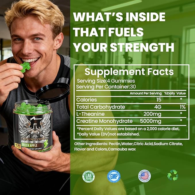 Ascend Creatine Monohydrate Gummies 5000mg Green Apple Flavor 30 Servings