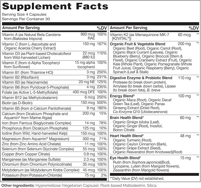 NATURELO Whole Food Multivitamin for Women - with Vitamins Minerals &amp Organic Extracts - Supplement for Energy and Heart Health - Non GMO - 120 Vegan Capsules