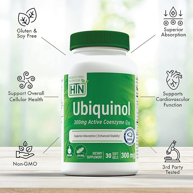 Health Thru Nutrition Ubiquinol 300mg 30 Softgels as Kaneka QH Reduced CoQ-10 | Stabilized - 3rd Party Tested | Enhanced Bioavailability | Cardiovascular &amp Mitochondria Function Support | Non-GMO