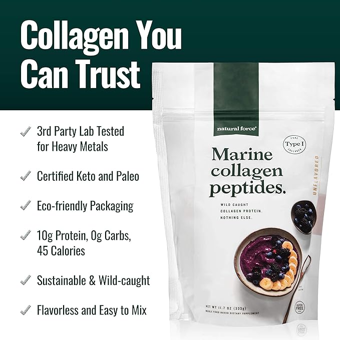 Natural Force Grass Fed Organic Whey Unflavored A2 Protein Powder 5 LB Clean Marine Collagen Powder 11.7 OZ
