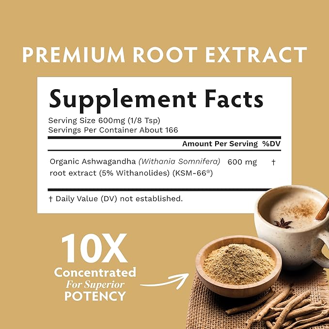 TRIBE ORGANICS KSM-66 Ashwagandha Root Extract Powder Ayurvedic Herb for Mood Support | Increase Energy | Strength - Organic | Natural | Gluten Free | Non GMO | Full-Spectrum - 100g Pouch