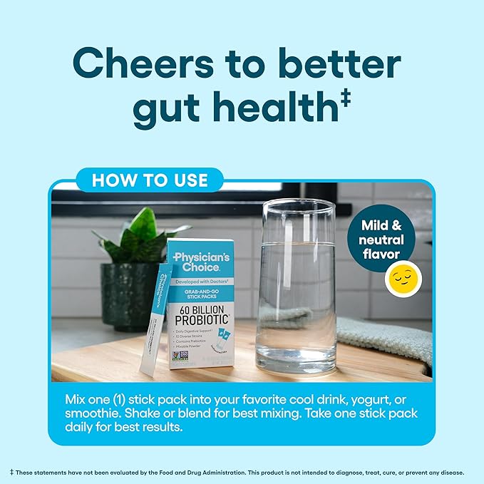 Physician’s Choice 60 Billion CFU Probiotic Stick Packs - 10 Strains + Prebiotics - Immune Digestive &amp Gut Health - Supports Occasional Constipation Diarrhea Gas &amp Bloating - for Women &amp