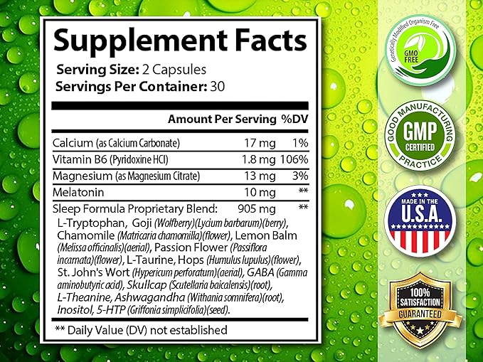 Natural Sleep Aid - Herbal Sleep Supplement Made with Valerian Root Melatonin Chamomile Magnesium – Recommended for Difficulty Sleeping - Adult Extra Strength Sleeping Pills. 60 Vegan Capsules