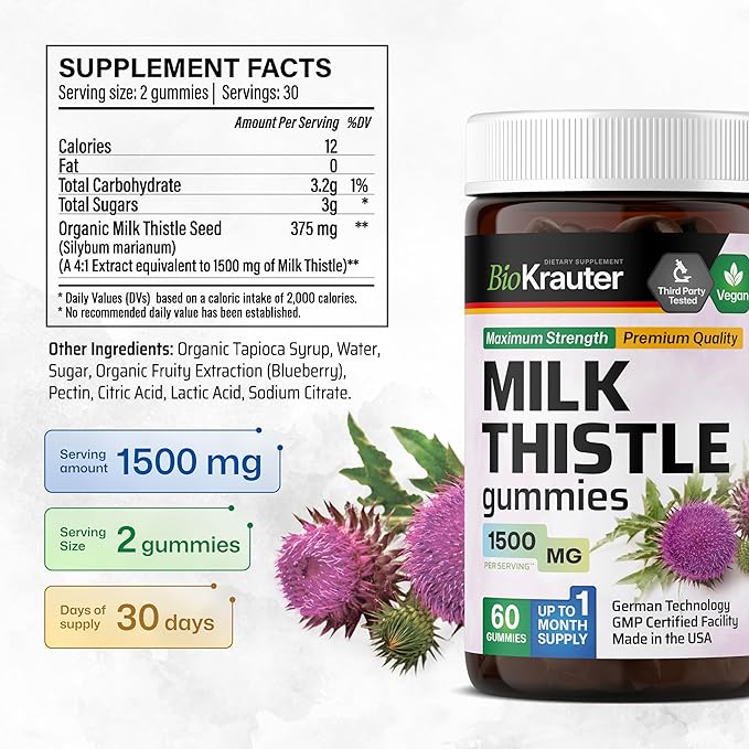 BIO KRAUTER® Milk Thistle Supplement for Liver Cleanse &amp Detox - Vegan Milk Thistle Extract for Men &amp Women Сontains Silymarin - 60 Liver Support Gummies 1500 mg Strength Blueberry Flavor -
