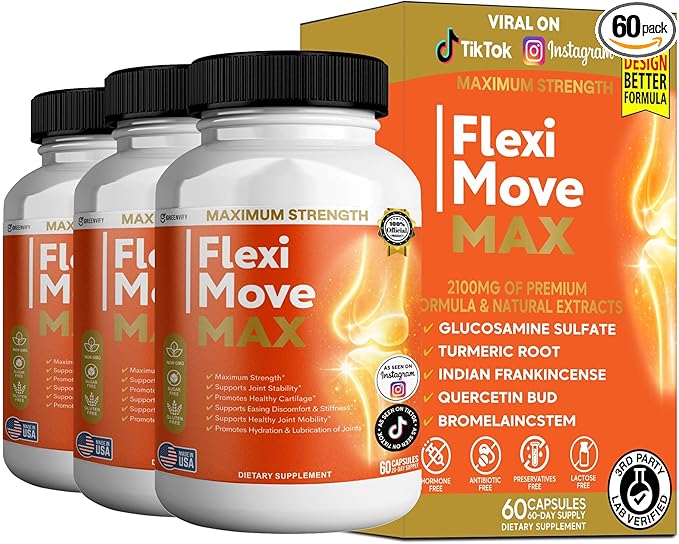 FlexiMove Max Joint Support Supplement Glucosamine Turmeric Chondroitin 60 Capsules (3)