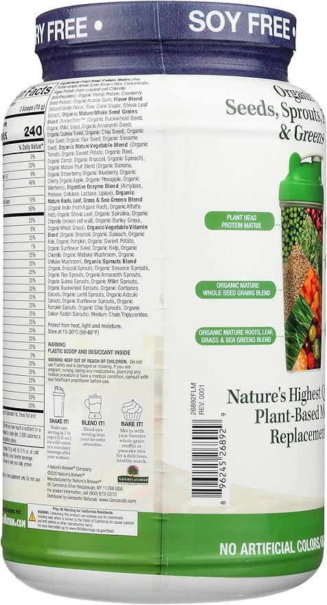 Plant Head Real Meal Organic Plant Based Protein Powder Vanilla - Vegan Low Net Carbs Non Dairy Gluten Free Lactose Free No Sugar Added 2.3 Pound
