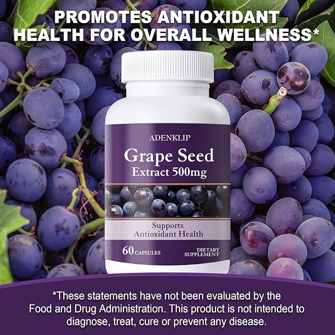 ADENKLIP Grape Seed Extract 500mg Antioxidant Support for Skin Heart &amp Overall Wellness Vegan Non-GMO Gluten-Free 60 Capsules