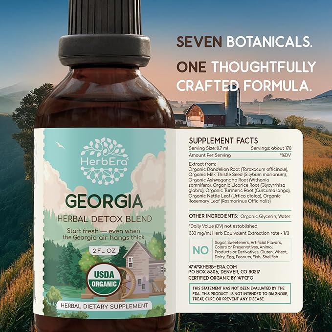 HerbEra Georgia Herbal Detox Blend - USDA Organic Extract Made in USA | Immune &amp Liver Support Liquid Drops | Ashwagandha Dandelion Root Licorice Milk Thistle Turmeric | 2 fl oz