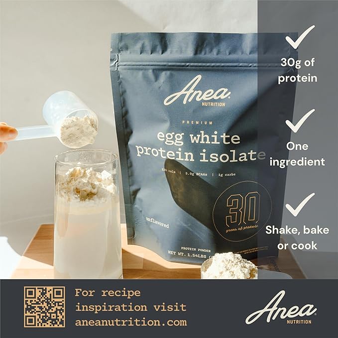 Anea Egg White Protein Isolate - Unflavored | 30g Protein | Fat-Free | 5.9g BCAA | Complete Amino Acid Profile | Dairy-Free Gluten-Free | Neutral Flavor for Shakes &amp Recipes | Made in GMP Facilit