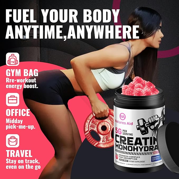 Natures Aid NSF Certified Creatine Gummy 5g - Creatine Monohydrate Gummies – Pre-Workout Energy &amp Muscle Growth Support for Men &amp Women | Peach Electrolyte Gummies (135 Count)