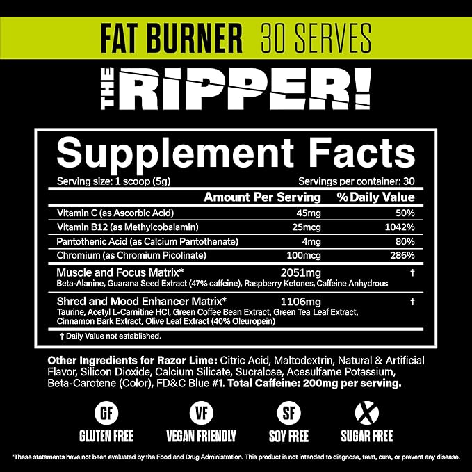 JNX SPORTS The Ripper! Fat Burner Pre Workout for Men &amp Women – Thermogenic Fat Burning Powder &amp Appetite Suppressant Boost Energy &amp Endurance – Razor Lime 30 Servings