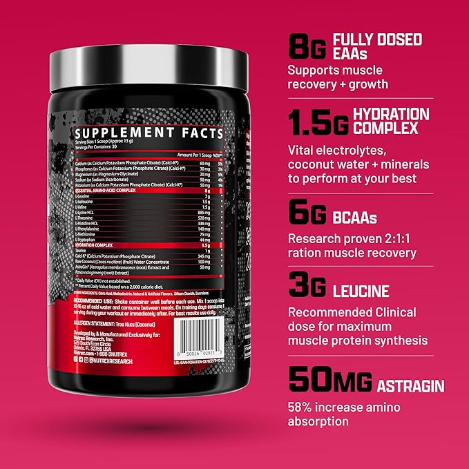 Nutrex Research EAA Hydration | EAAs + BCAA Powder | Muscle Recovery Strength Muscle Building Endurance | 8G Essential Amino Acids + Electrolytes | 30 Servings (Fruit Punch)