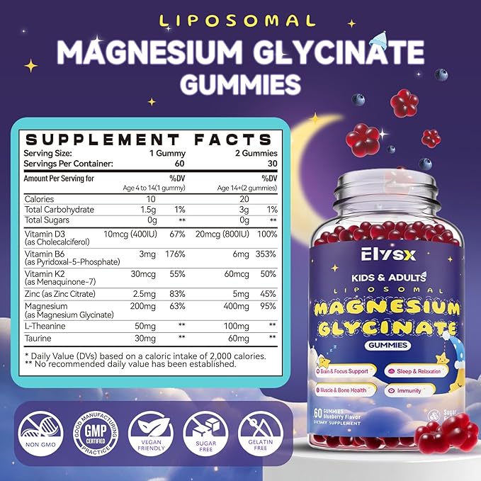 Kids Methylated Multivitamin Chewable &amp Liposomal Magnesium Glycinate 400mg Gummies Immune &amp Brain Muscle &amp Relax