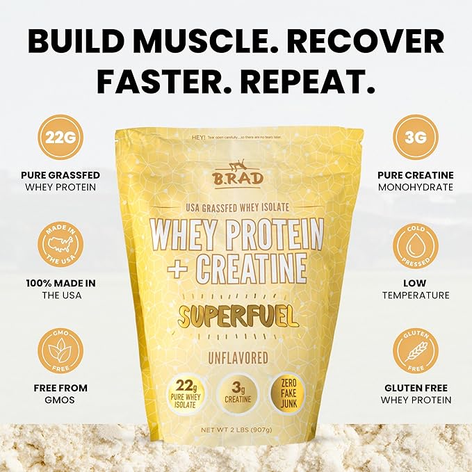 B.rad Superfuel - Grass Fed Whey Protein Isolate Boosted with Creatine | Farm-Fresh Easy-to-Digest Clean Ingredients | 2 Pounds | 100% USA Sourced | Unflavored
