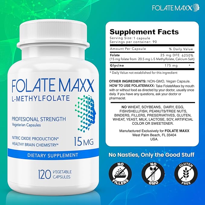 FolateMaxx L-Methylfolate 15mg 120 Capsules – Doctor Formulated Methyl Folate Supplement for Women &amp Men – High Potency 5-MTHF for Energy Mood &amp Focus – Non-GMO Gluten-Free (4-Month Supply)