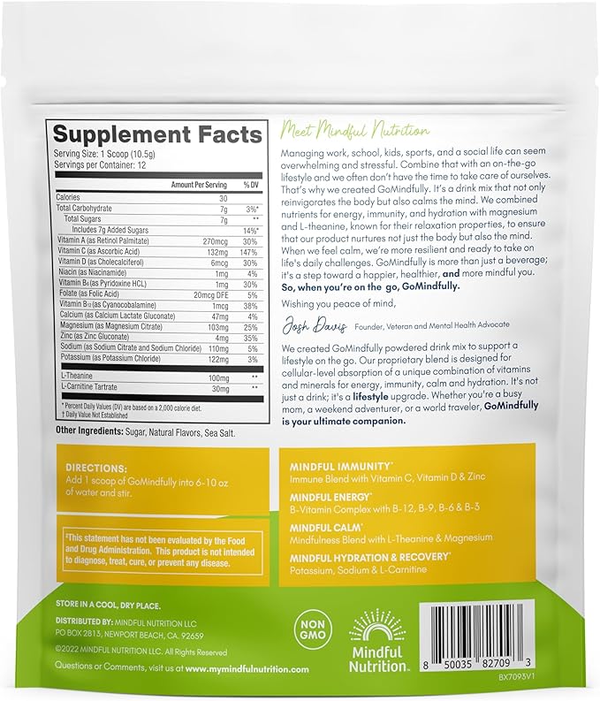 Mindful Nutrition GoMindfully Lemon Lime Super Calm Magnesium Powder Drink Mix for Hydration Recovery Immunity and Energy with Trace Minerals Essential Vitamins L-Theanine and B Vitamin Complex