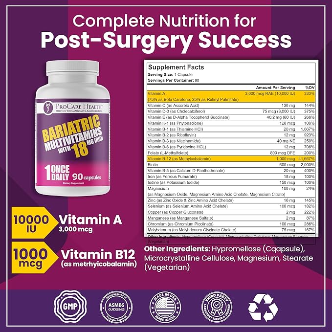 ProCare Health Bariatric Multivitamin with 18mg Iron (3 Month Supply) Post-Op Vitamins Bariatric Surgery Patients Supports Recovery (90 Easy to Swallow Capsules)