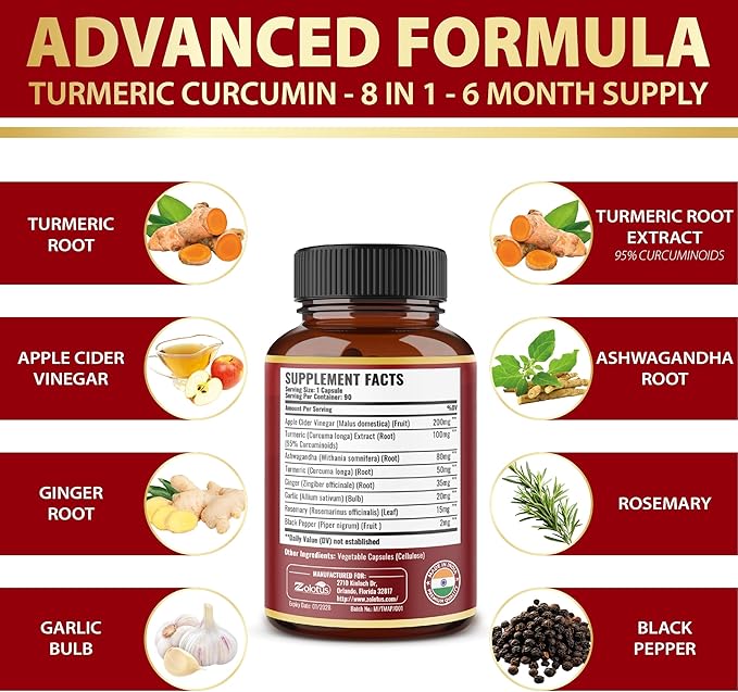 2packs 90 Capsules Turmeric Curcumin + Apple Cinder Vinegar Capsules 6 Month Supply with Ashwagandha Ginger 95% Standardized Curcuminoids Joint &amp Absorption Support