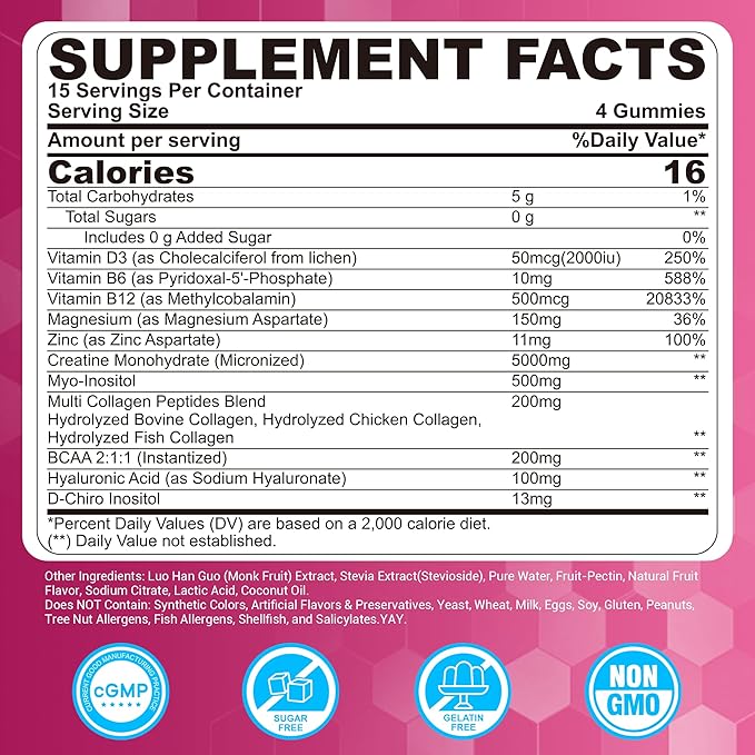 Creatine for Women Gummies Micronized Creatine Monohydrate + Myo-Inositol Collagen Peptides BCAAs Hyaluronic Acid Vitamin B6 B12 Zinc for Enërgy Föcus Hörmonal Balance Sugar Free 60 Counts