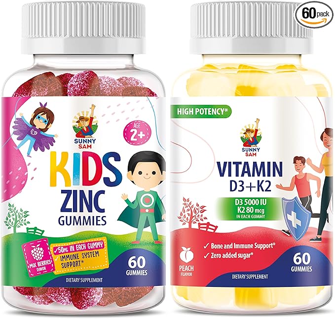 SUNNY SAM Vitamin D3 K2 Gummies 5000 IU - Immune &amp Bone Support - Sugar-Free &amp Zinc Gummies for Kids &amp Adults